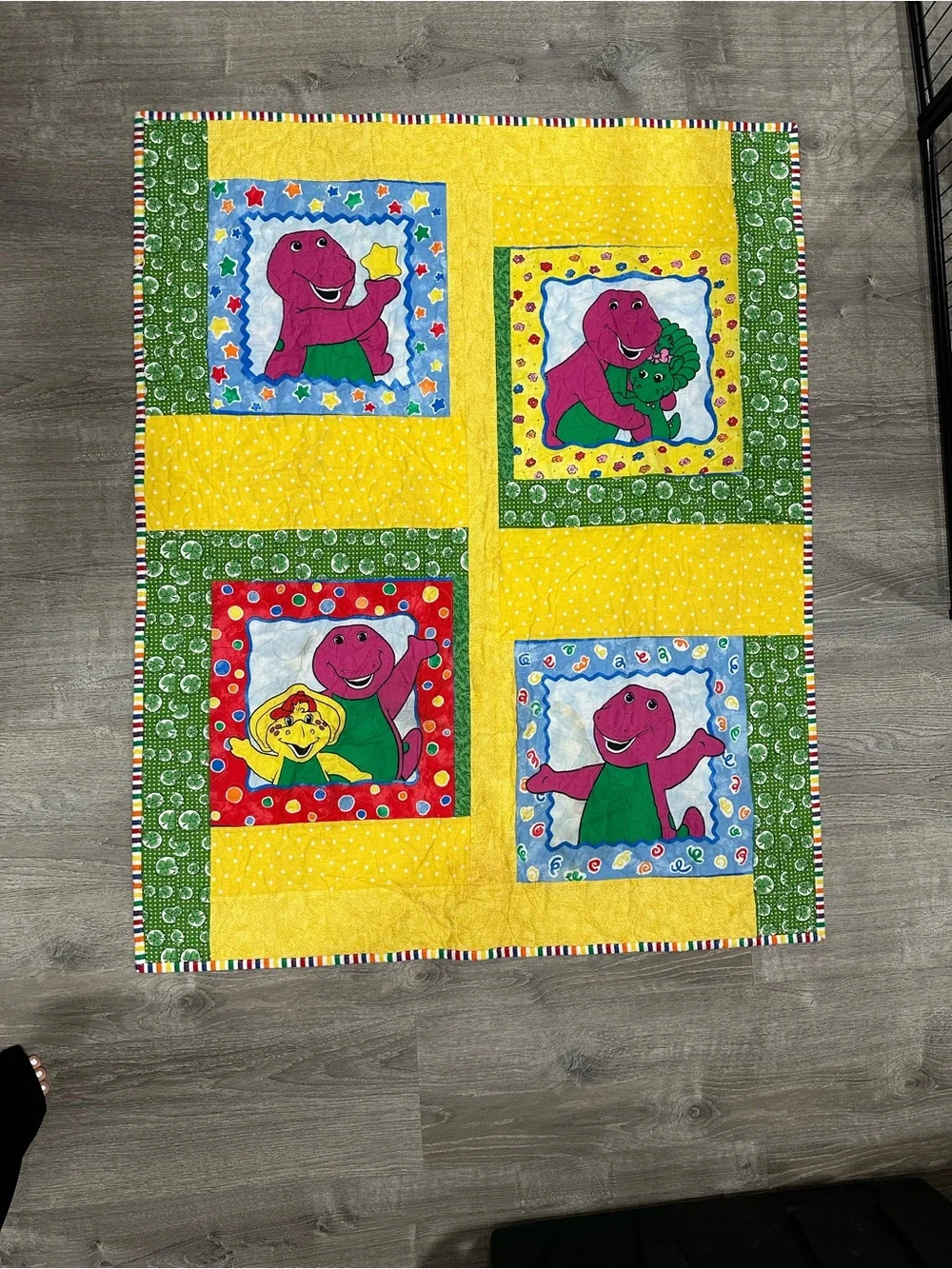 Barney Themed Yellow Patchwork Quilt